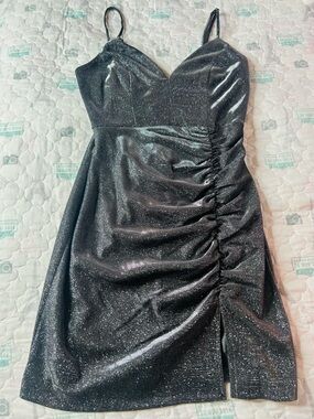 Honey and Rosie Black Sparkle Ruched Mini Dress
